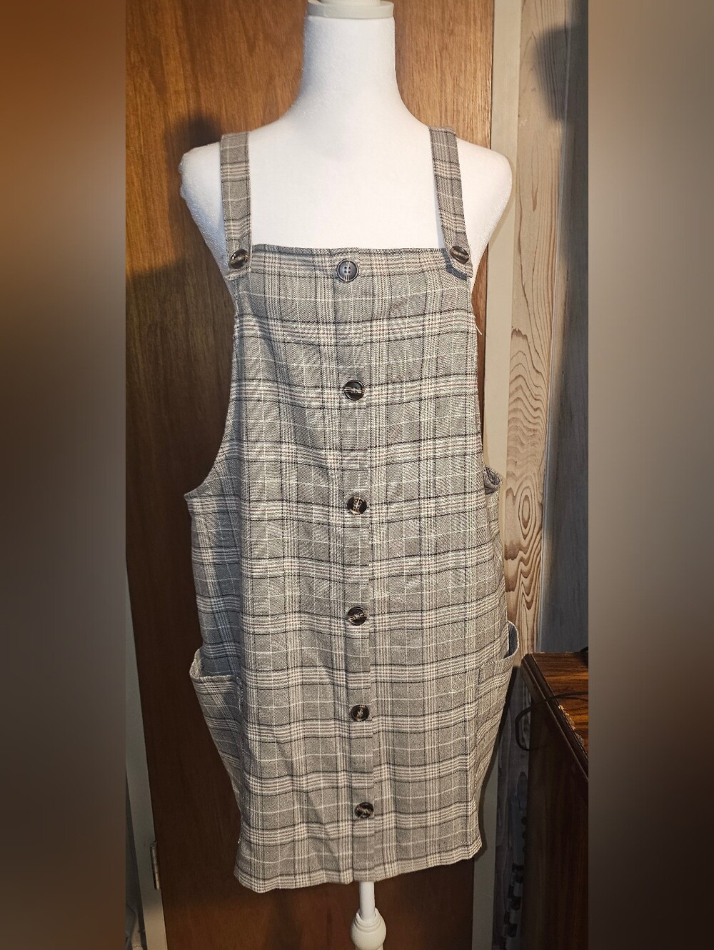 Brown Tan Plaid Button-Front Overall Dress